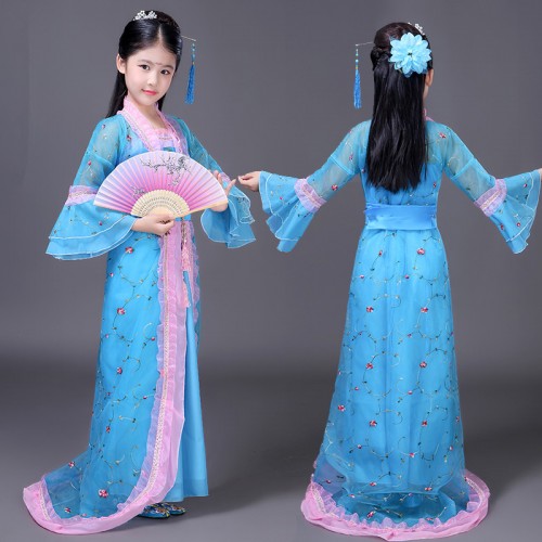 China folk dance costumes for girl's kids children blue stage performance ancient traditional princess fairy han cosplay dancing dress